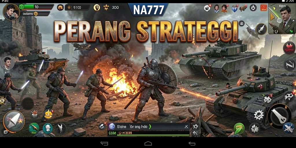 Screenshot utama NA777 menampilkan pertempuran strategis dengan karakter dan unit yang berbeda.